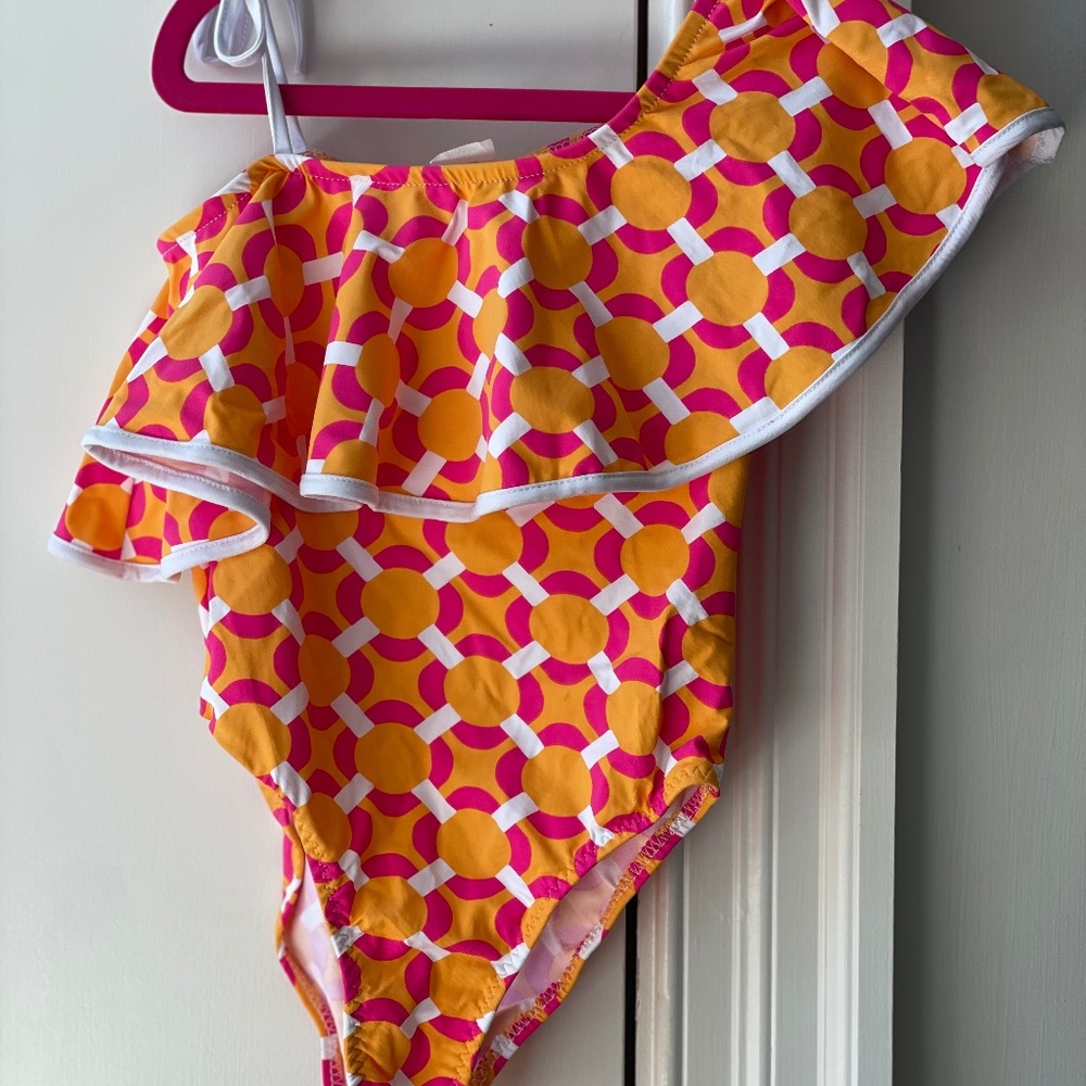 Mia Bella girls geometric one shoulder swimsuit.